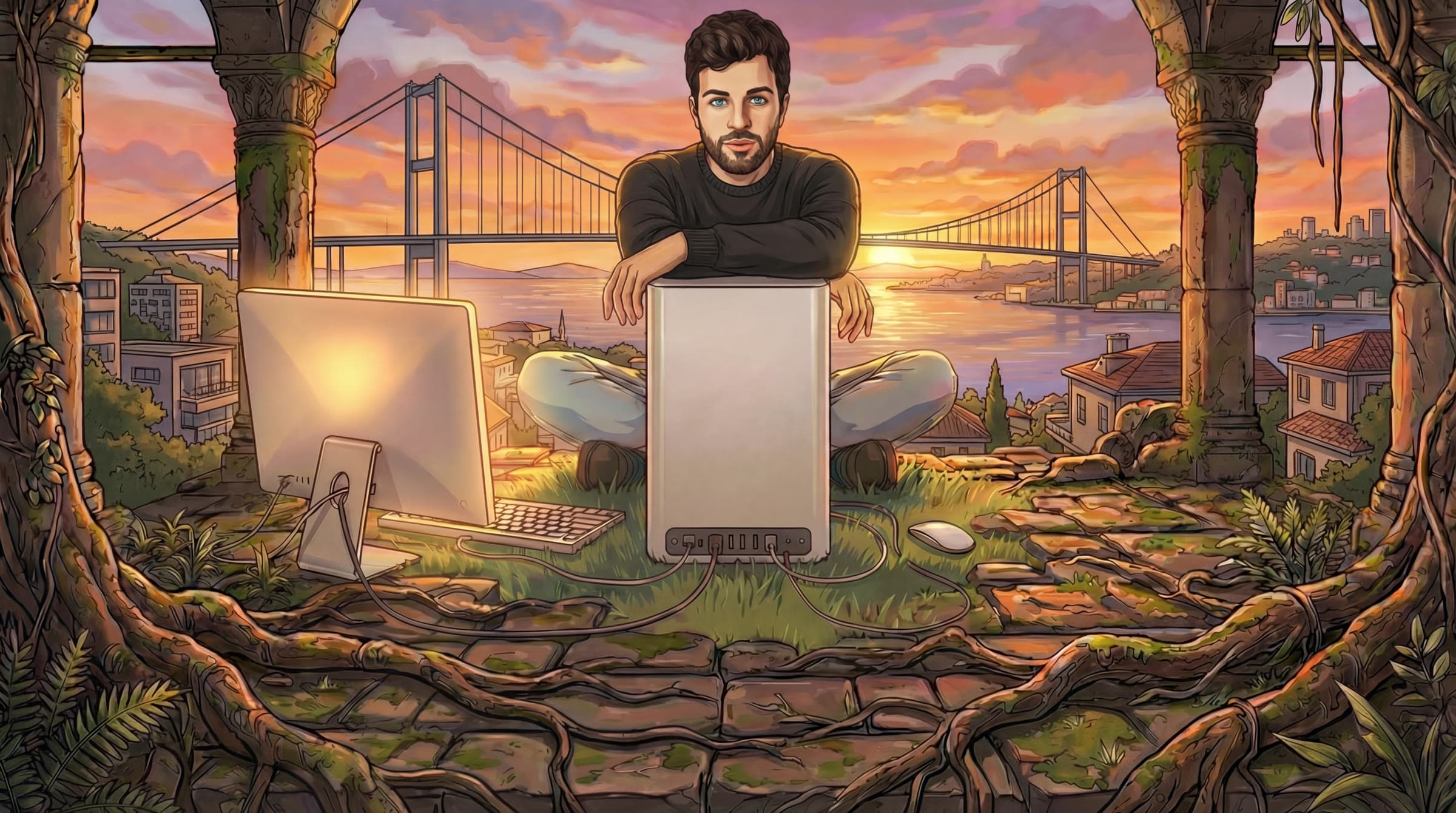 Illustrated portrait of Nuri Can Aksu with his workstation overlooking the Bosphorus at sunset